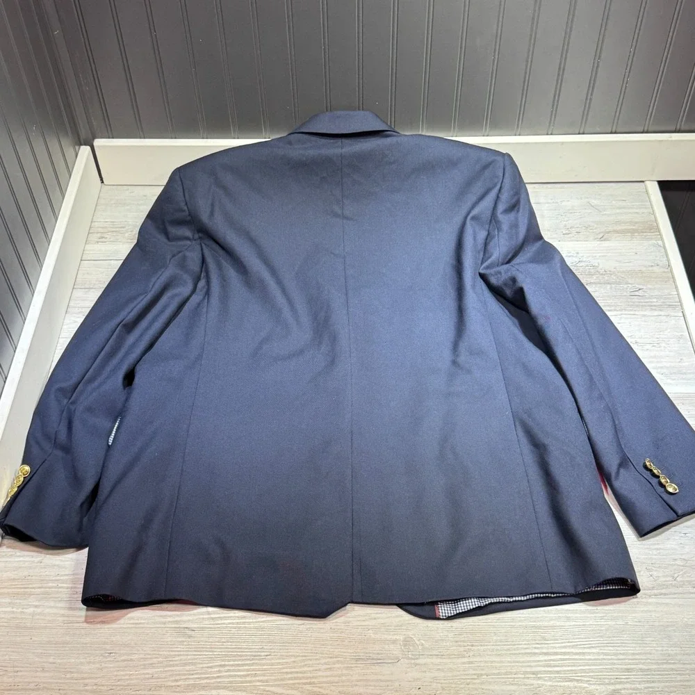 Stafford 48R Navy‎ Blue Gold Buttons Blazer Jacket Sport Suit Coat Wool Gingham
